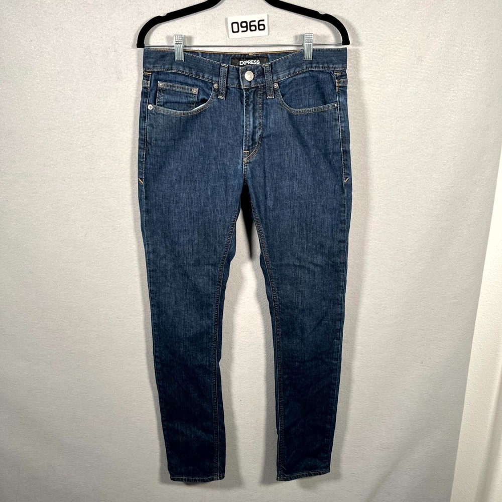 Express Jeans Men 30x32 Blue Denim Cotton Stretch Pockets Medium Wash Skinny Leg